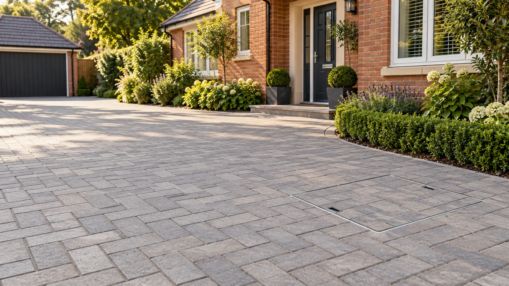 Illustrative paved setting showing how a recessed cover can blend into the surrounding finish